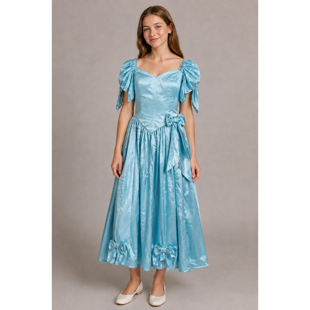 Vintage Loralie 80s Blue Satin Puffy Sleeve Prom Gown Dress Size 14 Princess